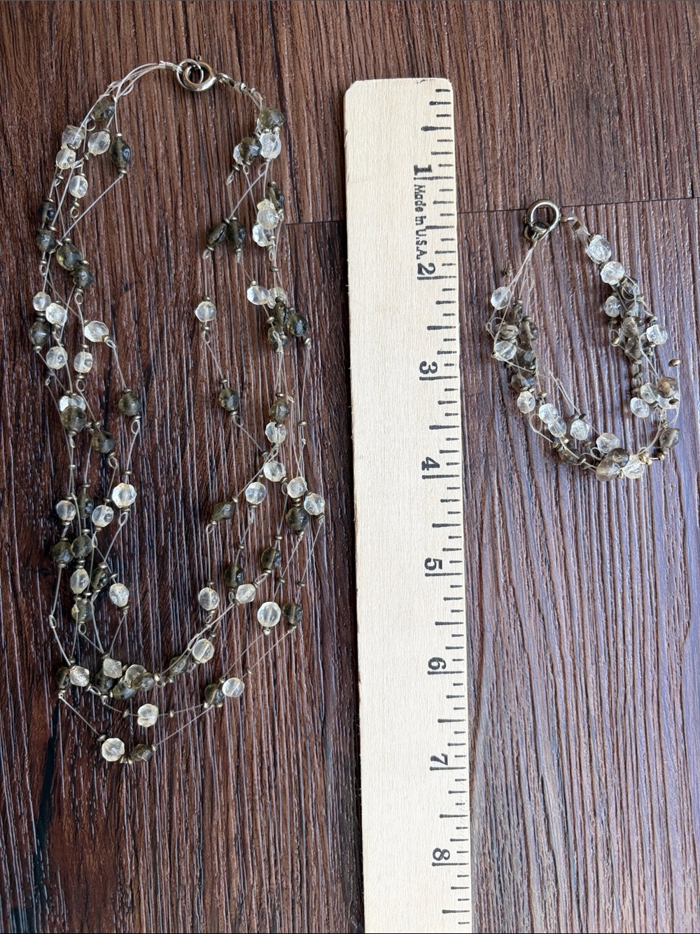 Multi-Strand Beaded Necklace and Bracelet Set in Clear Gray. Kids 5-12 yr olds.